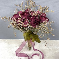 Bordo Şakayık Çiçekli Deniz Otlu Gelin Buketi Ve Damat Yaka Çiçeği-BUKET-85