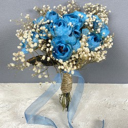 Mavi Şakayık Çiçekli Cipsolu Gelin Buketi Ve Damat Yaka Çiçeği-BUKET-86