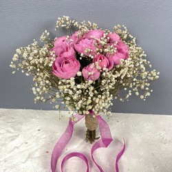 Pembe Şakayık Çiçekli Cipsolu Gelin Buketi Ve Damat Yaka Çiçeği-BUKET-87