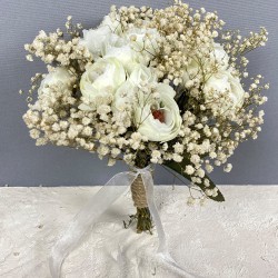 Krem Şakayık Çiçekli Cipsolu Gelin Buketi Ve Damat Yaka Çiçeği-BUKET-88