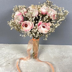 Somon Şakayık Çiçekli Cipsolu Gelin Buketi Ve Damat Yaka Çiçeği-BUKET-89