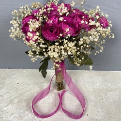 Koyu Fuşya Şakayık Çiçekli Cipsolu Gelin Buketi Ve Damat Yaka Çiçeği-BUKET-90