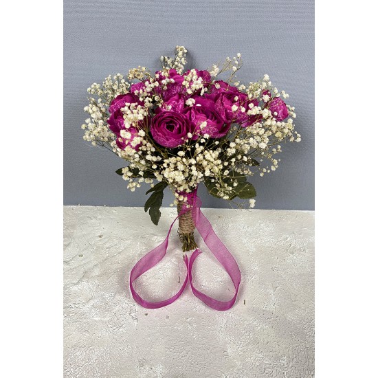Koyu Fuşya Şakayık Çiçekli Cipsolu Gelin Buketi Ve Damat Yaka Çiçeği-BUKET-90