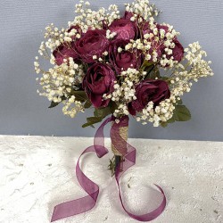 Bordo Şakayık Çiçekli Cipsolu Gelin Buketi Ve Damat Yaka Çiçeği-BUKET-91