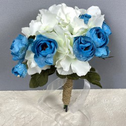 Mavi Ortanca Şakayıklı Gelin El Buketi Ve Damat Yaka Çiçeği-BUKET-92