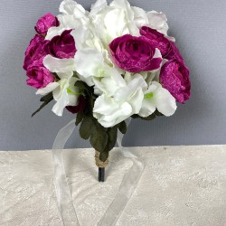 Koyu Fuşya Ortanca Şakayıklı Gelin El Buketi Ve Damat Yaka Çiçeği-BUKET-96