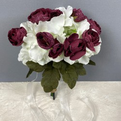 Bordo Ortanca Şakayıklı Gelin El Buketi Ve Damat Yaka Çiçeği-BUKET-97