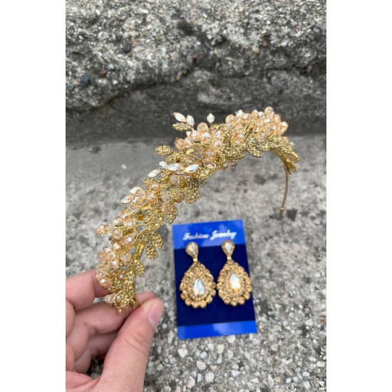 Camilo Gold Gelin Kına Tacı Özel Gün Aksesuar Kadın Taç Ve Damla Mekik Küpe Takımı-CAMILO-19 Camilo Gold Gelin Kına Tacı Özel Gün Aksesuar Kadın Taç Ve Damla Mekik Küpe Takımı-CAMILO-19