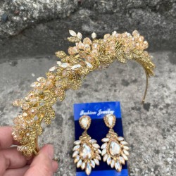 Camilo Gold Gelin Kına Tacı Özel Gün Aksesuar Kadın Taç Ve Geniş Mekik Küpe Takımı-CAMILO-22 Camilo Gold Gelin Kına Tacı Özel Gün Aksesuar Kadın Taç Ve Geniş Mekik Küpe Takımı-CAMILO-22