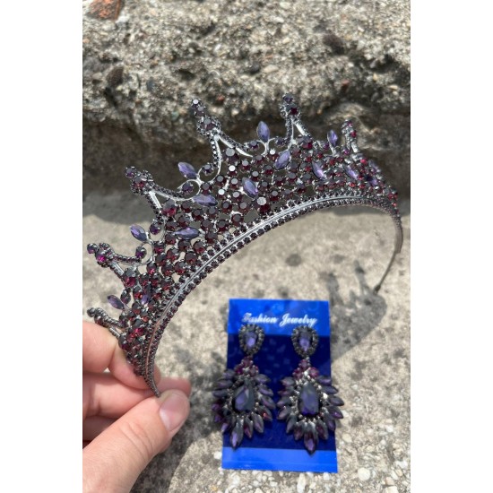 Catalina Mor Gelin Kına Tacı Özel Gün Aksesuar Kadın Taç Ve Geniş Mekik Küpe Takımı-CATALINA-16 Catalina Mor Gelin Kına Tacı Özel Gün Aksesuar Kadın Taç Ve Geniş Mekik Küpe Takımı-CATALINA-16
