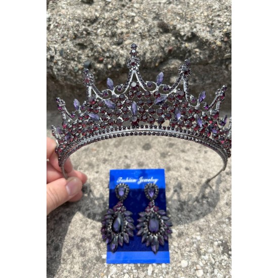Catalina Mor Gelin Kına Tacı Özel Gün Aksesuar Kadın Taç Ve Geniş Mekik Küpe Takımı-CATALINA-16 Catalina Mor Gelin Kına Tacı Özel Gün Aksesuar Kadın Taç Ve Geniş Mekik Küpe Takımı-CATALINA-16