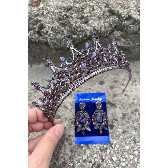 Catalina Mor Gelin Kına Tacı Özel Gün Aksesuar Kadın Taç Ve Üç Mekik Küpe Takımı-CATALINA-17 Catalina Mor Gelin Kına Tacı Özel Gün Aksesuar Kadın Taç Ve Üç Mekik Küpe Takımı-CATALINA-17