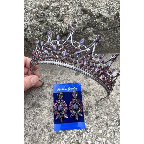 Catalina Mor Gelin Kına Tacı Özel Gün Aksesuar Kadın Taç Ve Üç Mekik Küpe Takımı-CATALINA-17 Catalina Mor Gelin Kına Tacı Özel Gün Aksesuar Kadın Taç Ve Üç Mekik Küpe Takımı-CATALINA-17