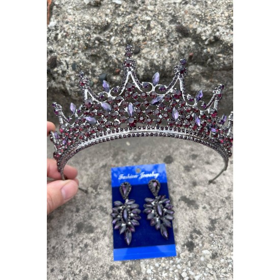 Catalina Mor Gelin Kına Tacı Özel Gün Aksesuar Kadın Taç Ve İnce Mekik Küpe Takımı-CATALINA-18 Catalina Mor Gelin Kına Tacı Özel Gün Aksesuar Kadın Taç Ve İnce Mekik Küpe Takımı-CATALINA-18