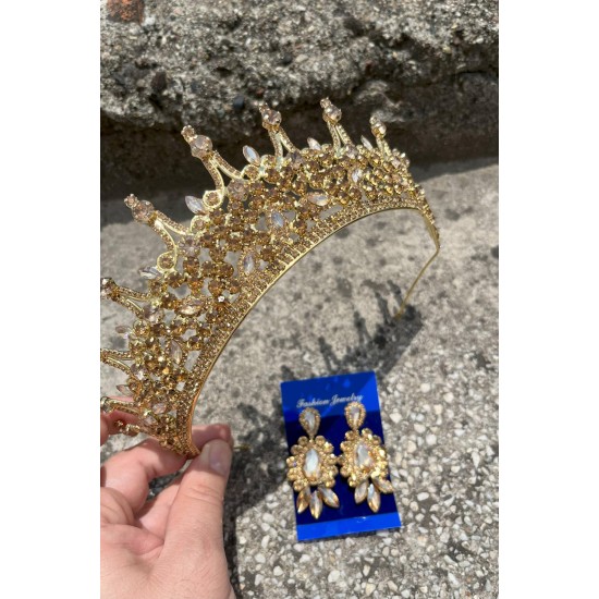 Catalina Gold Gelin Kına Tacı Özel Gün Aksesuar Kadın Taç Ve Üç Mekik Küpe Takımı-CATALINA-32 Catalina Gold Gelin Kına Tacı Özel Gün Aksesuar Kadın Taç Ve Üç Mekik Küpe Takımı-CATALINA-32
