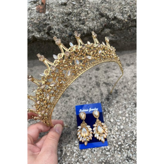 Catalina Gold Gelin Kına Tacı Özel Gün Aksesuar Kadın Taç Ve Geniş Mekik Küpe Takımı-CATALINA-33