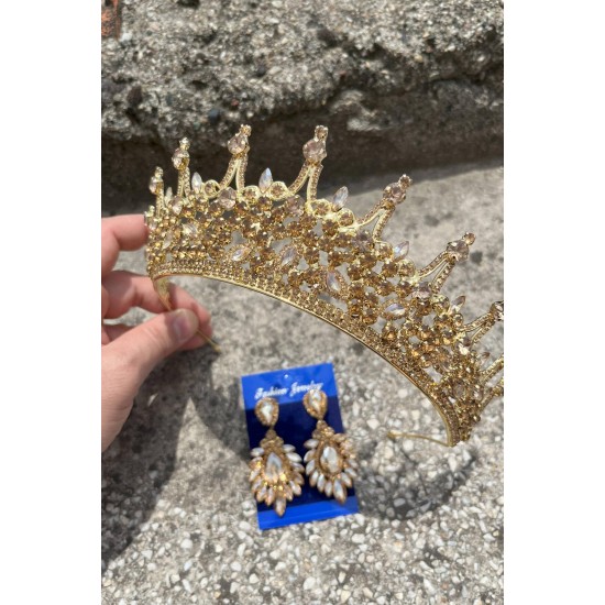 Catalina Gold Gelin Kına Tacı Özel Gün Aksesuar Kadın Taç Ve Geniş Mekik Küpe Takımı-CATALINA-33