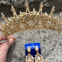 Catalina Gold Gelin Kına Tacı Özel Gün Aksesuar Kadın Taç Ve Geniş Mekik Küpe Takımı-CATALINA-33 Catalina Gold Gelin Kına Tacı Özel Gün Aksesuar Kadın Taç Ve Geniş Mekik Küpe Takımı-CATALINA-33
