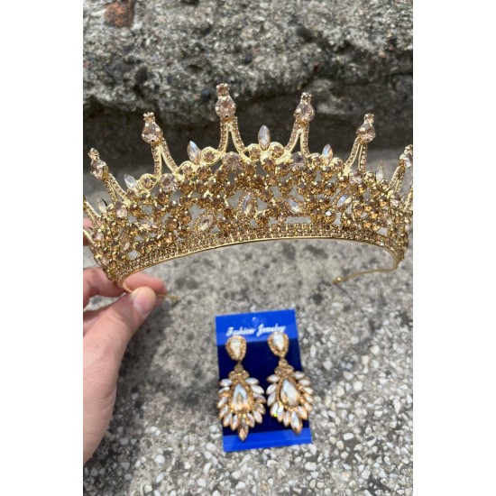 Catalina Gold Gelin Kına Tacı Özel Gün Aksesuar Kadın Taç Ve Geniş Mekik Küpe Takımı-CATALINA-33