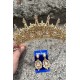 Catalina Gold Gelin Kına Tacı Özel Gün Aksesuar Kadın Taç Ve Geniş Mekik Küpe Takımı-CATALINA-33