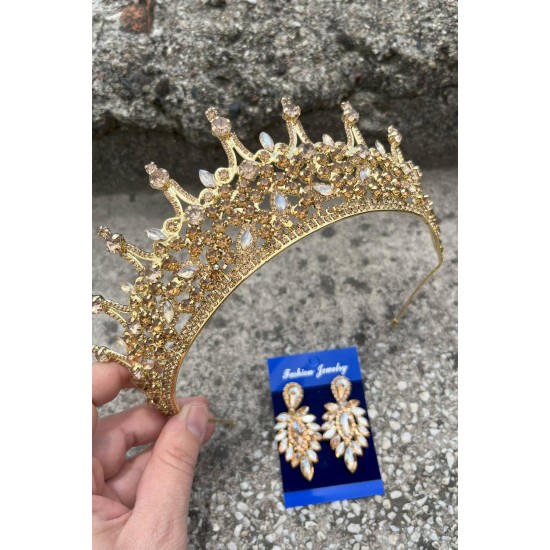 Catalina Gold Gelin Kına Tacı Özel Gün Aksesuar Kadın Taç Ve İnce Mekik Küpe Takımı-CATALINA-34 Catalina Gold Gelin Kına Tacı Özel Gün Aksesuar Kadın Taç Ve İnce Mekik Küpe Takımı-CATALINA-34