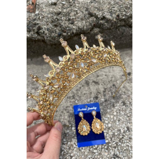 Catalina Gold Gelin Kına Tacı Özel Gün Aksesuar Kadın Taç Ve Damla Mekik Küpe Takımı-CATALINA-35 Catalina Gold Gelin Kına Tacı Özel Gün Aksesuar Kadın Taç Ve Damla Mekik Küpe Takımı-CATALINA-35