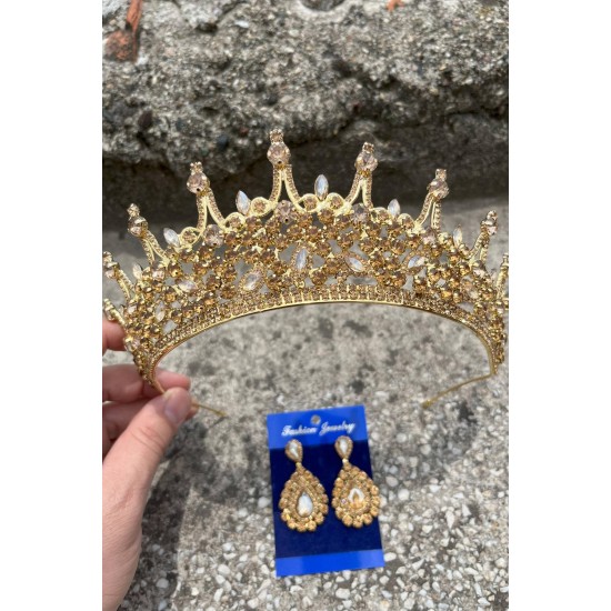 Catalina Gold Gelin Kına Tacı Özel Gün Aksesuar Kadın Taç Ve Damla Mekik Küpe Takımı-CATALINA-35 Catalina Gold Gelin Kına Tacı Özel Gün Aksesuar Kadın Taç Ve Damla Mekik Küpe Takımı-CATALINA-35