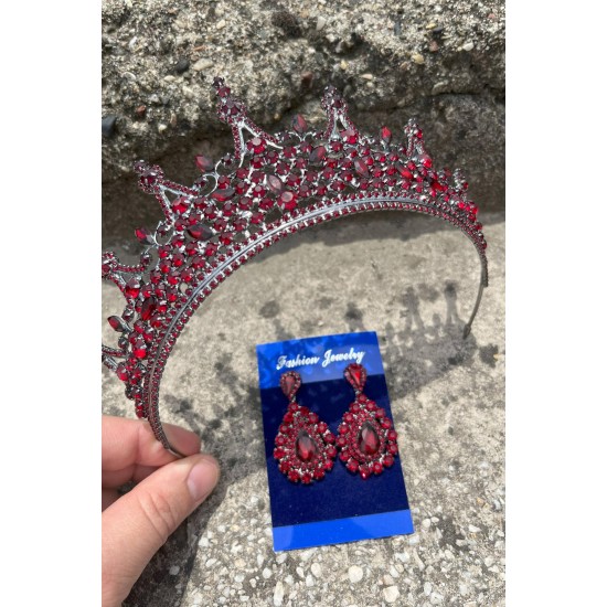 Catalina Bordo Gelin Kına Tacı Özel Gün Aksesuar Kadın Taç Ve Damla Mekik Küpe Takımı-CATALINA-9 Catalina Bordo Gelin Kına Tacı Özel Gün Aksesuar Kadın Taç Ve Damla Mekik Küpe Takımı-CATALINA-9