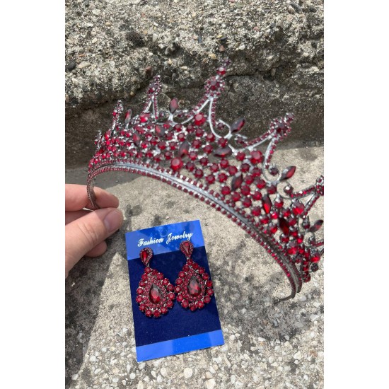 Catalina Bordo Gelin Kına Tacı Özel Gün Aksesuar Kadın Taç Ve Damla Mekik Küpe Takımı-CATALINA-9 Catalina Bordo Gelin Kına Tacı Özel Gün Aksesuar Kadın Taç Ve Damla Mekik Küpe Takımı-CATALINA-9