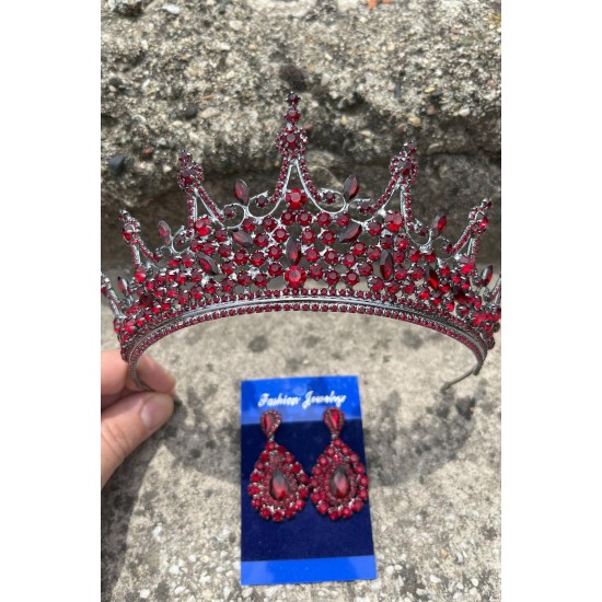Catalina Bordo Gelin Kına Tacı Özel Gün Aksesuar Kadın Taç Ve Damla Mekik Küpe Takımı-CATALINA-9 Catalina Bordo Gelin Kına Tacı Özel Gün Aksesuar Kadın Taç Ve Damla Mekik Küpe Takımı-CATALINA-9