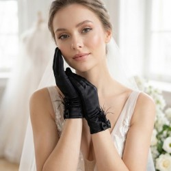 Celestique Feather Siyah Satin Eldiven &ndash; Fiyonk Detaylı T&uuml;yl&uuml; L&uuml;ks Gelin ve Davet Aksesuarı-CELESTIQUE-1