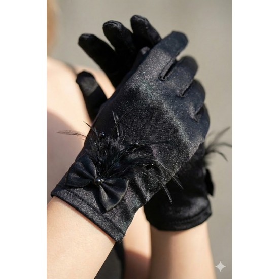 Celestique Feather Siyah Satin Eldiven &ndash; Fiyonk Detaylı T&uuml;yl&uuml; L&uuml;ks Gelin ve Davet Aksesuarı-CELESTIQUE-1