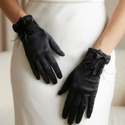 Celestique Feather Siyah Satin Eldiven &ndash; Fiyonk Detaylı T&uuml;yl&uuml; L&uuml;ks Gelin ve Davet Aksesuarı-CELESTIQUE-1