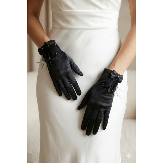 Celestique Feather Siyah Satin Eldiven &ndash; Fiyonk Detaylı T&uuml;yl&uuml; L&uuml;ks Gelin ve Davet Aksesuarı-CELESTIQUE-1