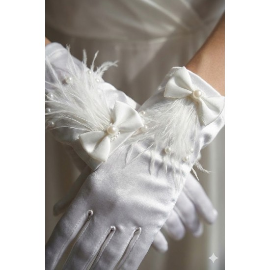 Celestique Feather Beyaz Satin Eldiven &ndash; Fiyonk Detaylı T&uuml;yl&uuml; L&uuml;ks Gelin ve Davet Aksesuarı-CELESTIQUE-2