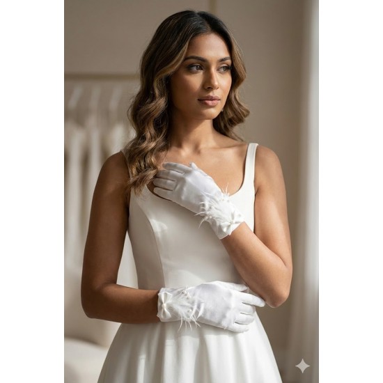 Celestique Feather Beyaz Satin Eldiven &ndash; Fiyonk Detaylı T&uuml;yl&uuml; L&uuml;ks Gelin ve Davet Aksesuarı-CELESTIQUE-2