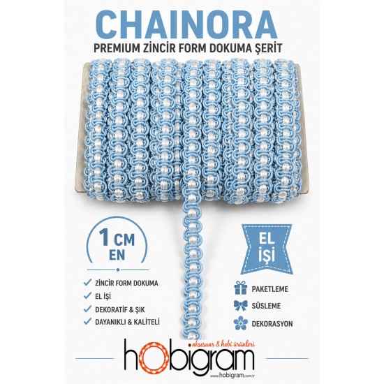 Bebe Mavi Beyaz Chainora Premium Zincir Form Dokuma Dekoratif Şerit &ndash; 1 Metre-CHAINORA-1