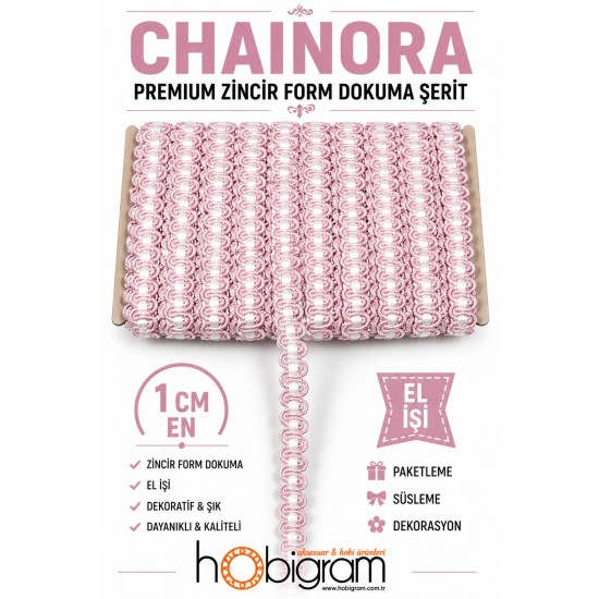 A&ccedil;ık Pembe Beyaz Chainora Premium Zincir Form Dokuma Dekoratif Şerit &ndash; 1 Metre-CHAINORA-12