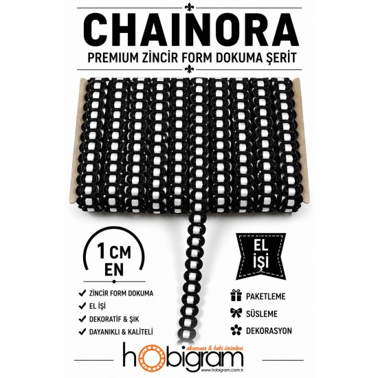 Siyah Beyaz Chainora Premium Zincir Form Dokuma Dekoratif Şerit &ndash; 1 Metre-CHAINORA-14