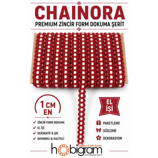 Kırmızı Beyaz Chainora Premium Zincir Form Dokuma Dekoratif Şerit &ndash; 1 Metre-CHAINORA-16