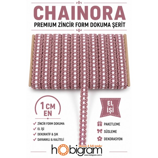 G&uuml;l Kurusu Beyaz Chainora Premium Zincir Form Dokuma Dekoratif Şerit &ndash; 1 Metre-CHAINORA-17