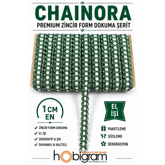 Yeşil Beyaz Chainora Premium Zincir Form Dokuma Dekoratif Şerit &ndash; 1 Metre-CHAINORA-18
