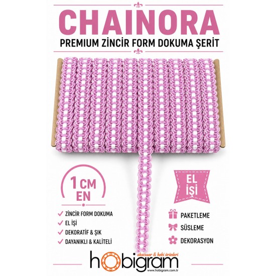 Pembe Beyaz Chainora Premium Zincir Form Dokuma Dekoratif Şerit &ndash; 1 Metre-CHAINORA-19