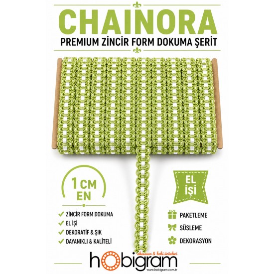 A&ccedil;ık Yeşil Beyaz Chainora Premium Zincir Form Dokuma Dekoratif Şerit &ndash; 1 Metre-CHAINORA-21
