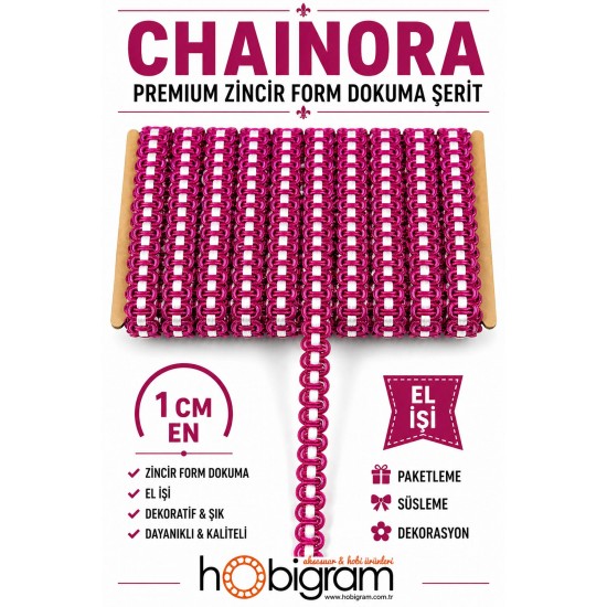 Fuşya Beyaz Chainora Premium Zincir Form Dokuma Dekoratif Şerit &ndash; 1 Metre-CHAINORA-23