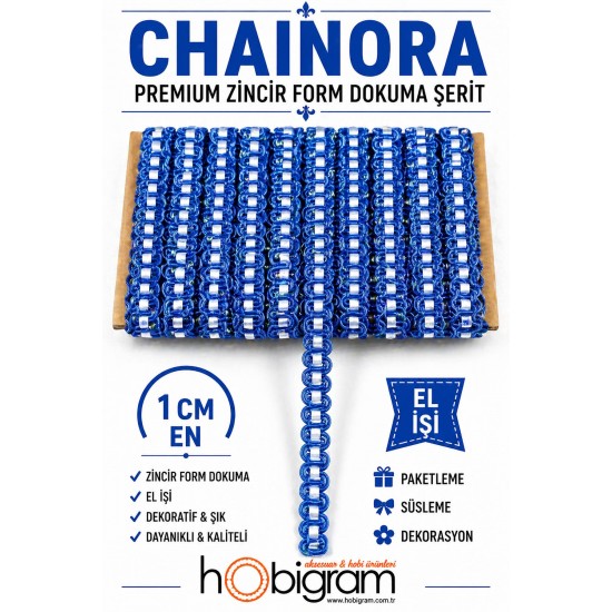 Mavi Beyaz Chainora Premium Zincir Form Dokuma Dekoratif Şerit &ndash; 1 Metre-CHAINORA-24