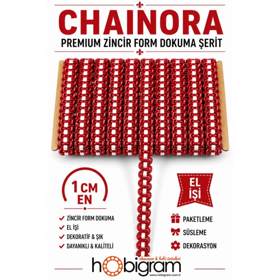 Kırmızı Beyaz Chainora Premium Zincir Form Dokuma Dekoratif Şerit &ndash; 1 Metre-CHAINORA-25