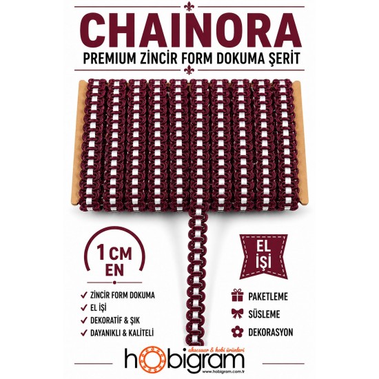 Bordo Beyaz Chainora Premium Zincir Form Dokuma Dekoratif Şerit &ndash; 1 Metre-CHAINORA-29