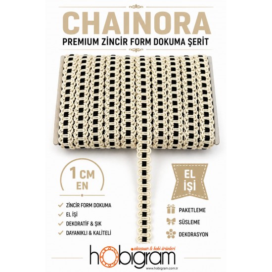 Krem Siyah Chainora Premium Zincir Form Dokuma Dekoratif Şerit &ndash; 1 Metre-CHAINORA-3