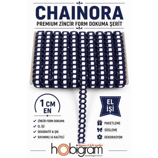 Lacivert Beyaz Chainora Premium Zincir Form Dokuma Dekoratif Şerit &ndash; 1 Metre-CHAINORA-7